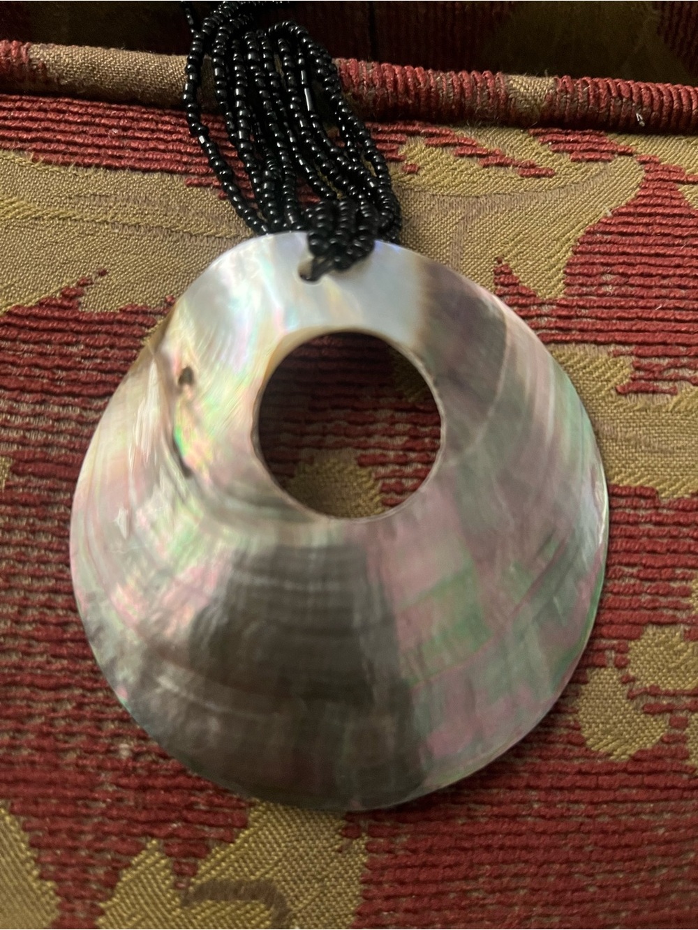 Iridescent Shell Pendant Necklace - Black Bead Strand